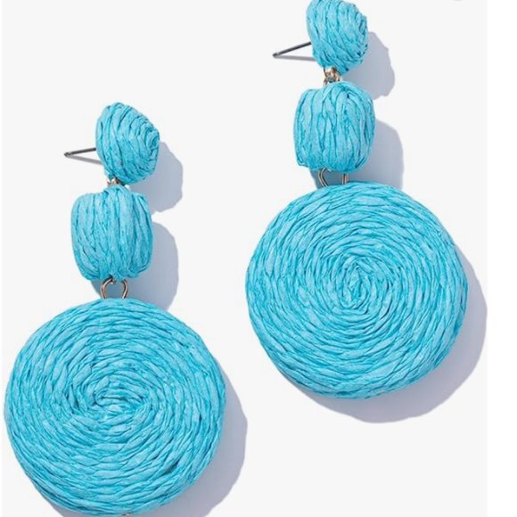 Chunky Turquoise Blue Raffia Earrings Wicker Bold Vacation Bohemian Beach New - Picture 2 of 7